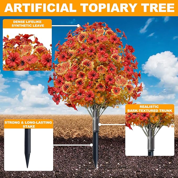 2 Pack Fall Artificial Mums Topiary Ball Tree with Ground Spike Boxwood 25" UV Resistant Fake Greenery Shrub Faux Violet Plant Fall Decorations Flower for Garden Yard Porch Patio Autumn Outdoor Decor