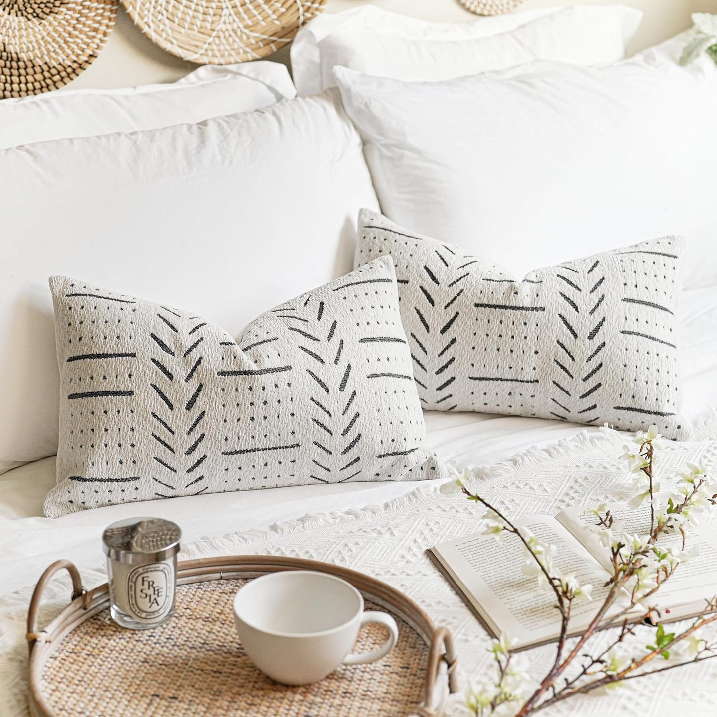 BlissBlush Off White Decorative Lumbar Throw Pillow Covers 12X20, Set of 2, Boho Farmhouse Cushion Cover, Soft Accent Pillowcase for Couch Sofa Bed Living Room Home Décor