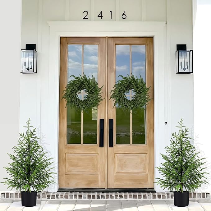 2 Pack 3FT Artificial Topiary Tree Real Touch Norfolk Pine Tree, UV Resistant Artificial Pine Outdoor Plants for Front Porch Decor, Fake Greenery Outdoor Plants Realistic Faux Indoor Tree