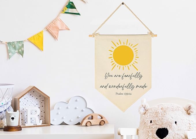 You Are Fearfully and Wonderfully Made-Bible Verse Scripture Decor-Flag Decor Gifts for Baby Boys Girls Newborn Kids-Banner Wall Sign Gifts for Nursery Baby Room Playroom Bedroom Front Door
