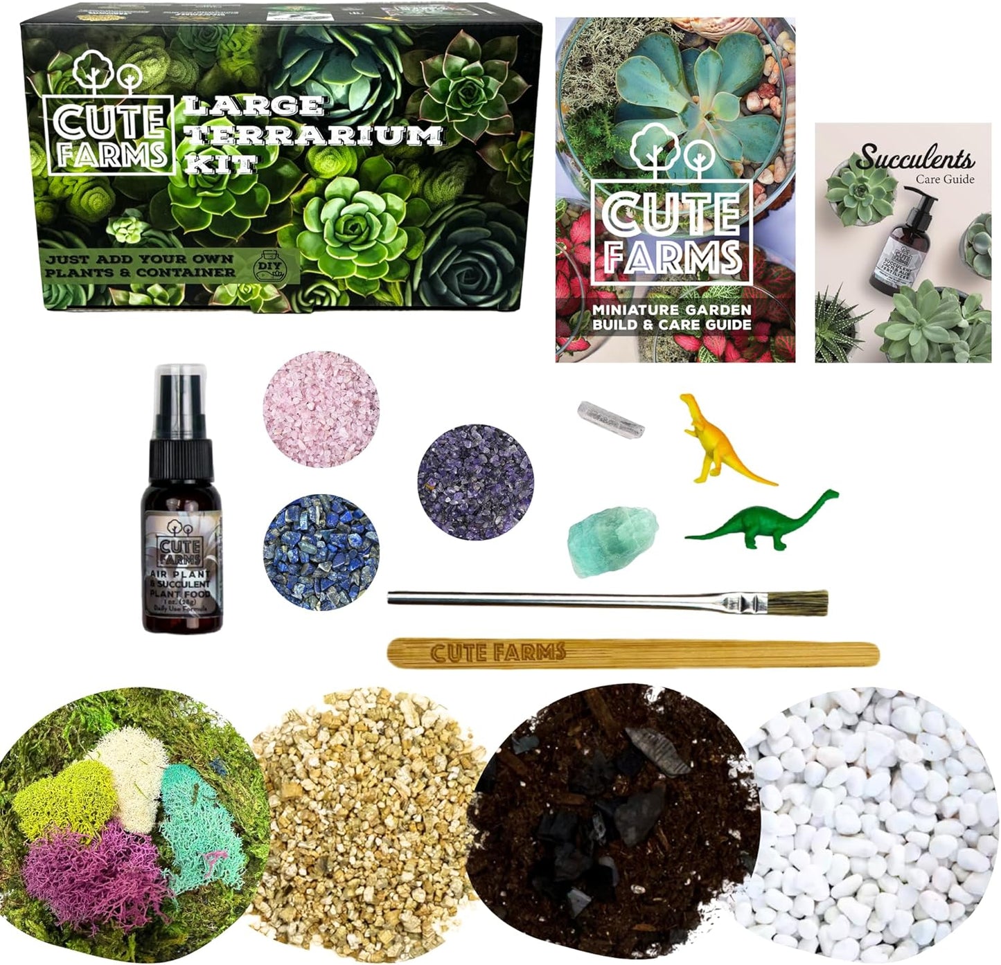 Cute Farms Terrarium Starter Kit | Moss, Vermiculite, Soil, Pebbles, Plant Food, & Finishing Tools (Large Kit + Crystals)