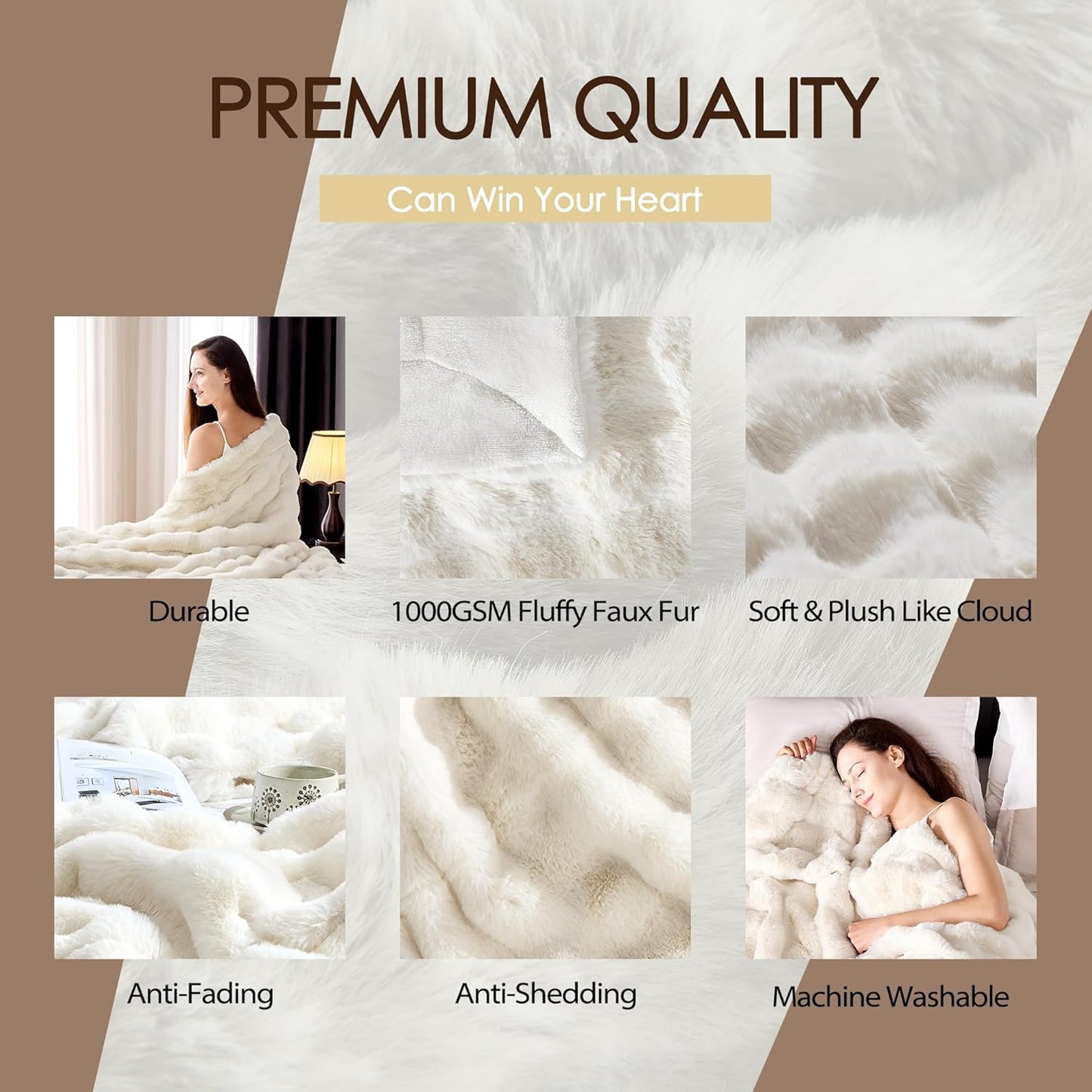 Luxury 1000GSM Faux Rabbit Fur Throw Blanket, Super Heavy Warm Cozy Blankets for Couch Bed Sofa, Bubble Plush Fuzzy Elegant Soft Reversible Mink Blanket for Living Room Bedroom, White