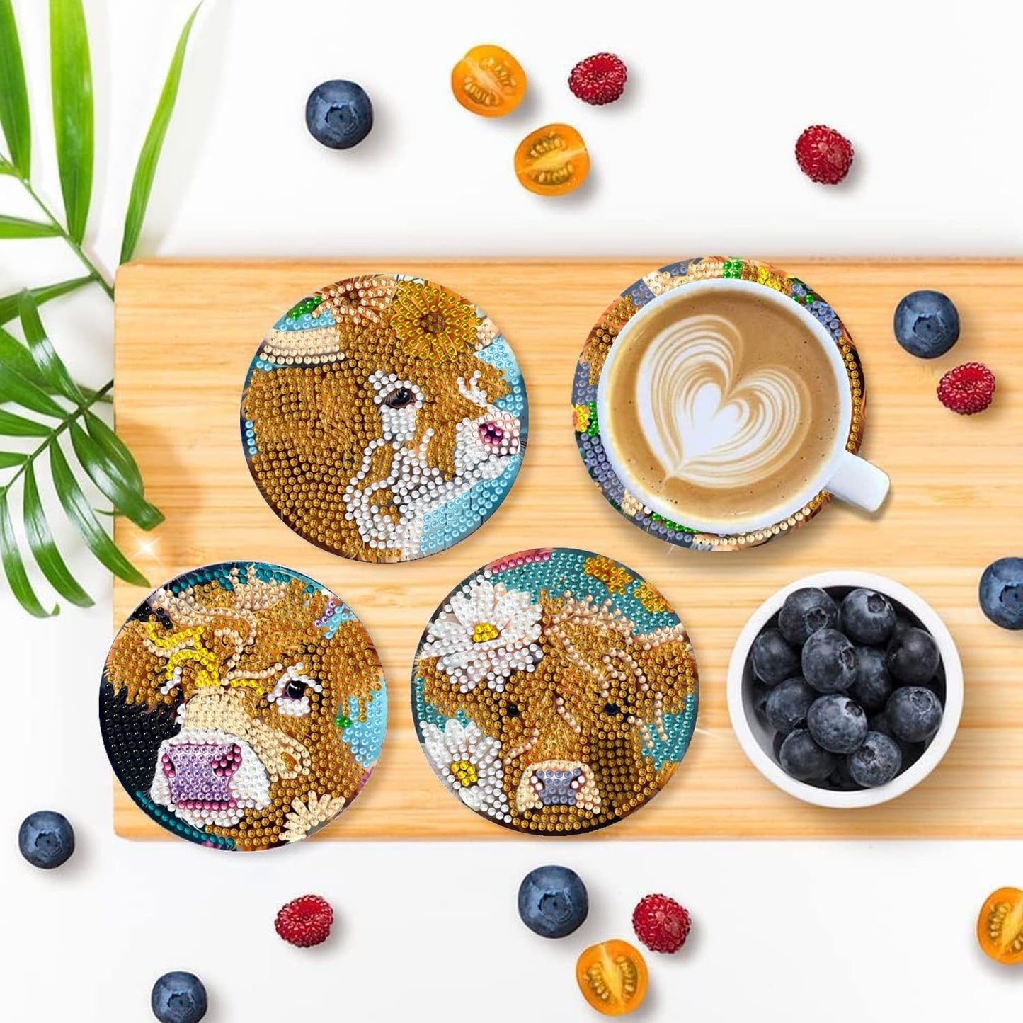 Leatrice 8PCS Highland Cattle Diamond Art Coasters Small Diamond Painting Kits for Adults Beginners Women Gem Art Coasters with Holder Funny DIY Crafts for Home Decor
