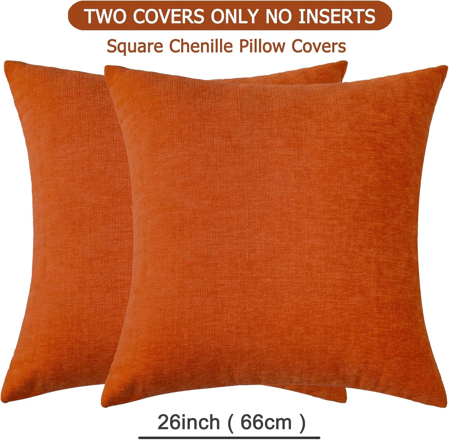 GAWAMAY Decorative Chenille Throw Pillow Covers 26x26 Inch Pack of 2, Soft Square Couch Pillow Cover for Sofa Cushion Living Room Bedroom Solid Dyed Oversized Pillowcases Orange 66x66cm (ONLY Covers)