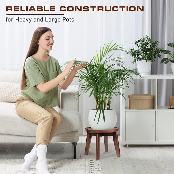 Demigo Indoor Plant Stand, Acacia Wooden Decorative Plant Shelf with Spill-Proof Tray, Stable 8” Tall Flower Holder for Heavy Pots, Gardening Display for Decor Living Room Patio - Dark Brown