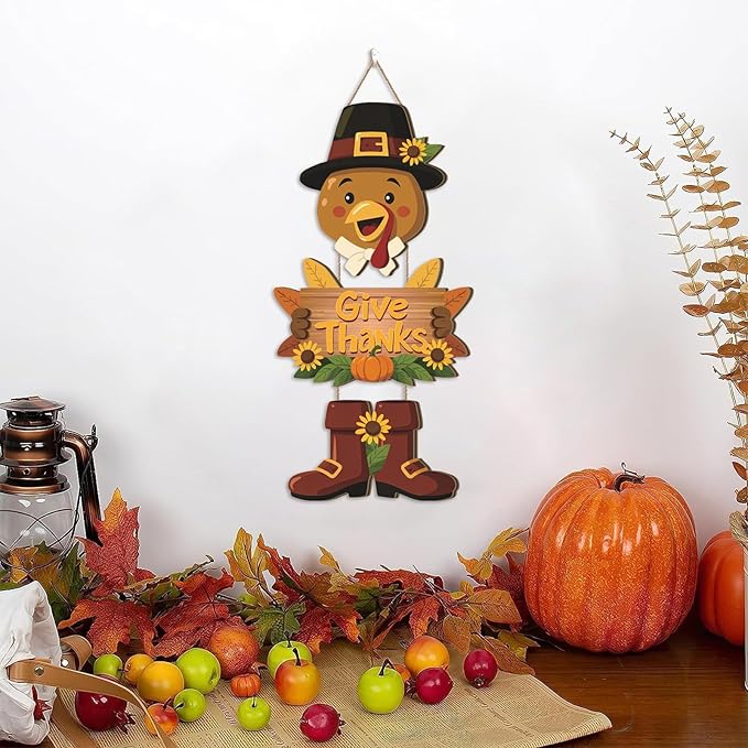 Turkey Door Decor,Hello Fall Door Sign,Thanksgiving Day Sign,Autumn Wall Decor Give Thanks,Turkey Harvest Thanksgiving Door Decoration for Porch Farmhouse Outdoor Home Indoor Yard Office Party