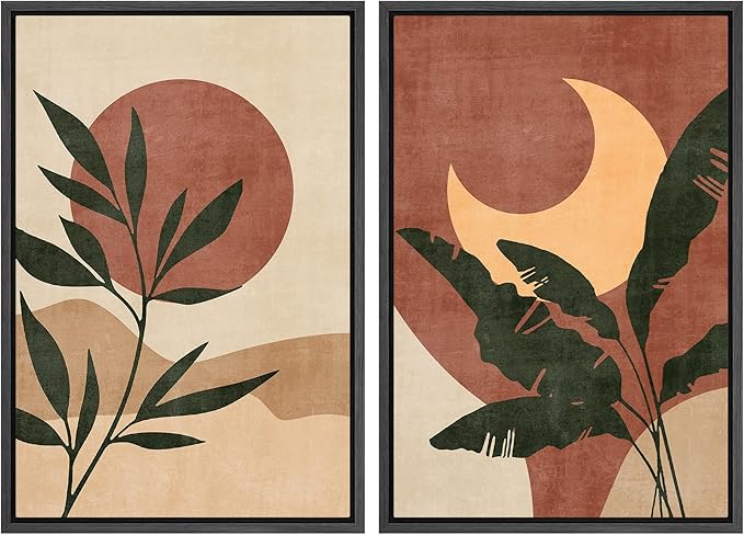 SIGNFORD Framed Canvas Print Wall Art Set Sun & Moon Mid-Century Desert Plants Abstract Shapes Illustration Modern Art Decorative Nordic Nature for Living Room, Bedroom, Office - 24"x36"x2 Black