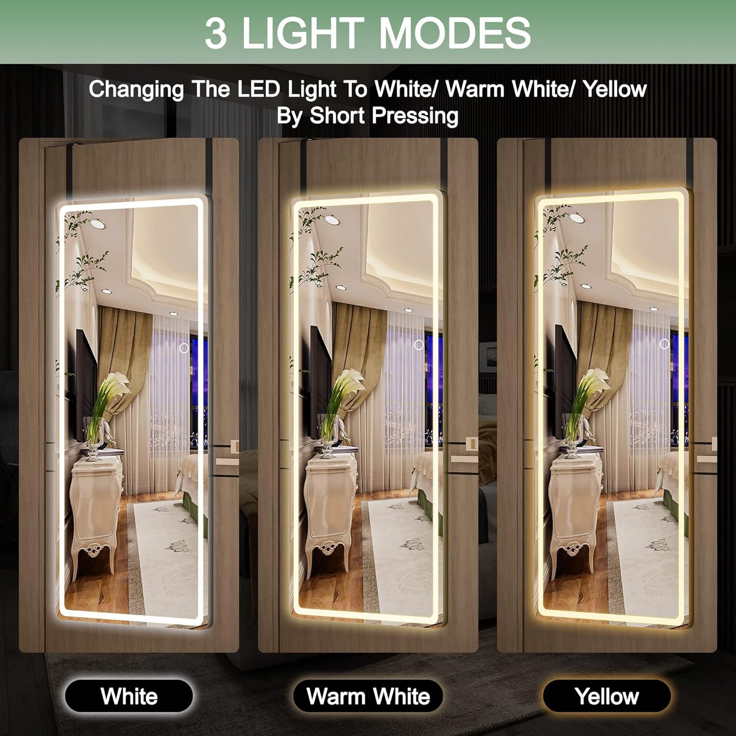 Hasipu 47 x 18 Over The Door Full Length Mirror with Lights for Bedroom, Living Room, Cloakroom, Black