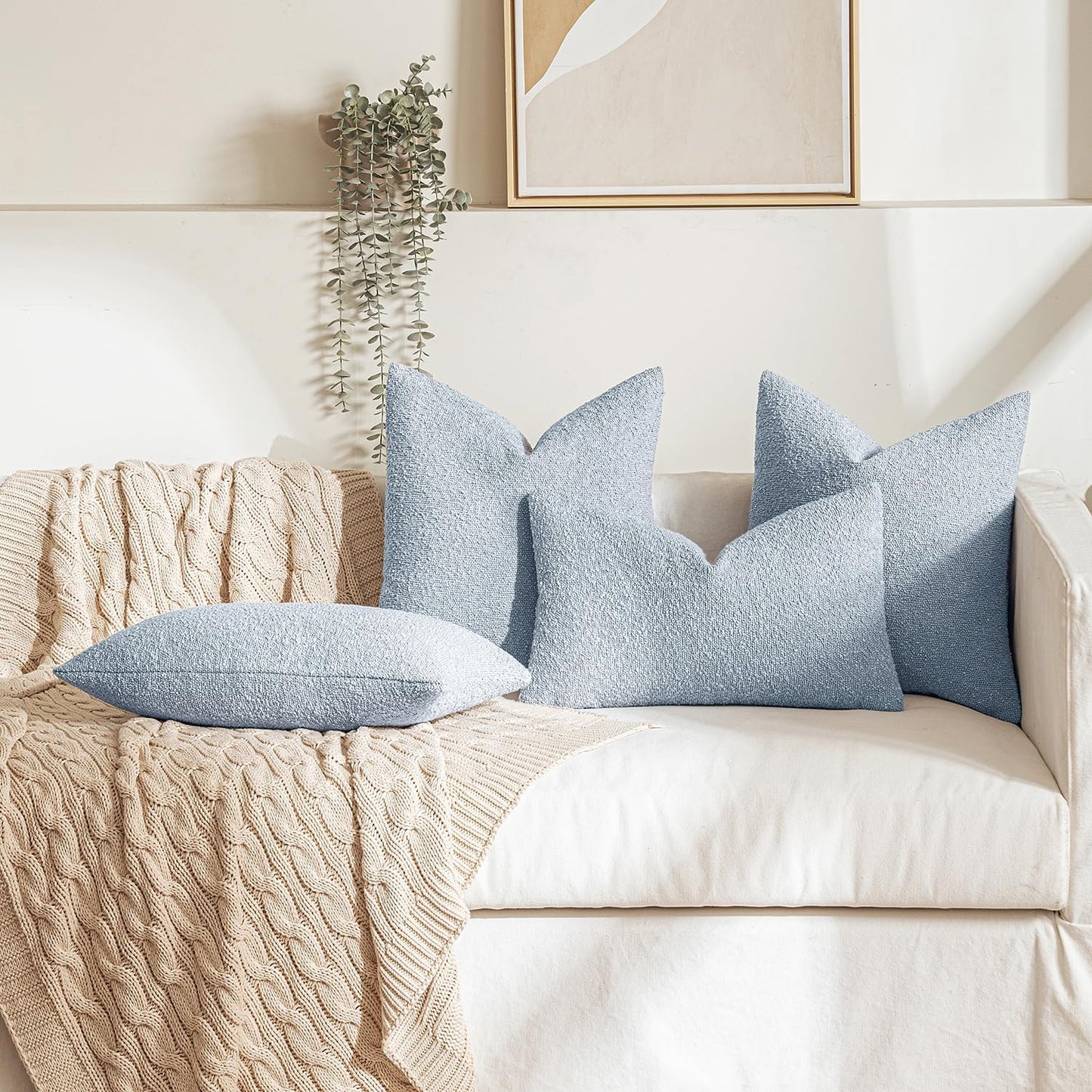 MIULEE 24x24 Decorative Euro Sham Throw Pillows for Bed Set of 2 Textured Boucle Neutral Winter Throw Pillow Covers Light Blue Accent Solid Couch Pillowcases Sofa Livingroom Home Decor