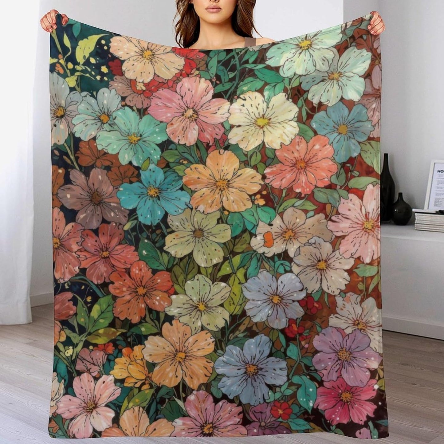 Colorful Floral Throw Blanket, Watercolor Wildflowers Fuzzy Blanket, Ultra Soft Cozy Flannel Throw Blankets Lightweight Fleece Blankets for Bed Couch Sofa 60"×80"