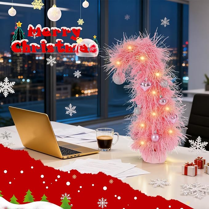 16 inch Pre-Lit Mini Christmas Tree with Ornaments Included, Pink Whimsical Artificial Tabletop Tree for Home, Office Desk & Holiday Decor