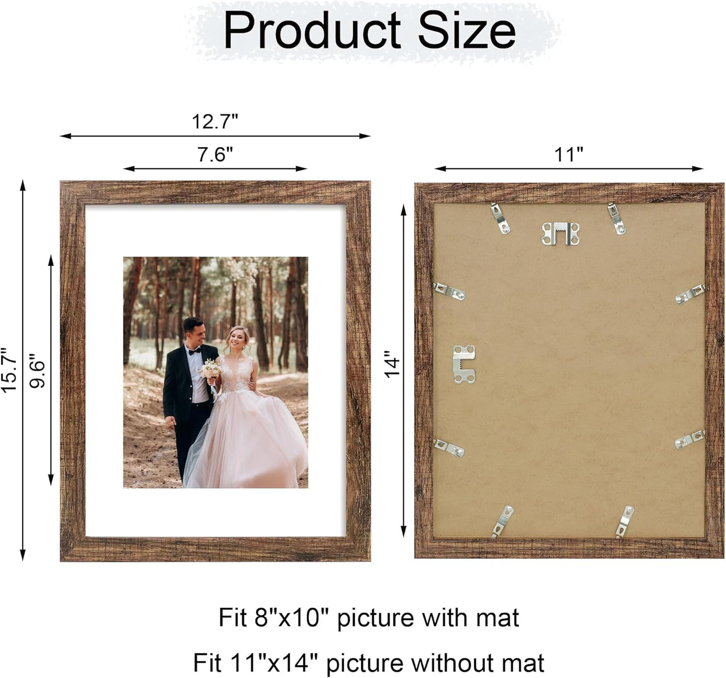 iRahmen 11x14 Picture Frame Set of 4 with Tempered Glass, Rustic Frame Display 8x10 Pictures with Mat or 11 x 14 Without Mat, Wooden Photo Frames for Wall Mounting