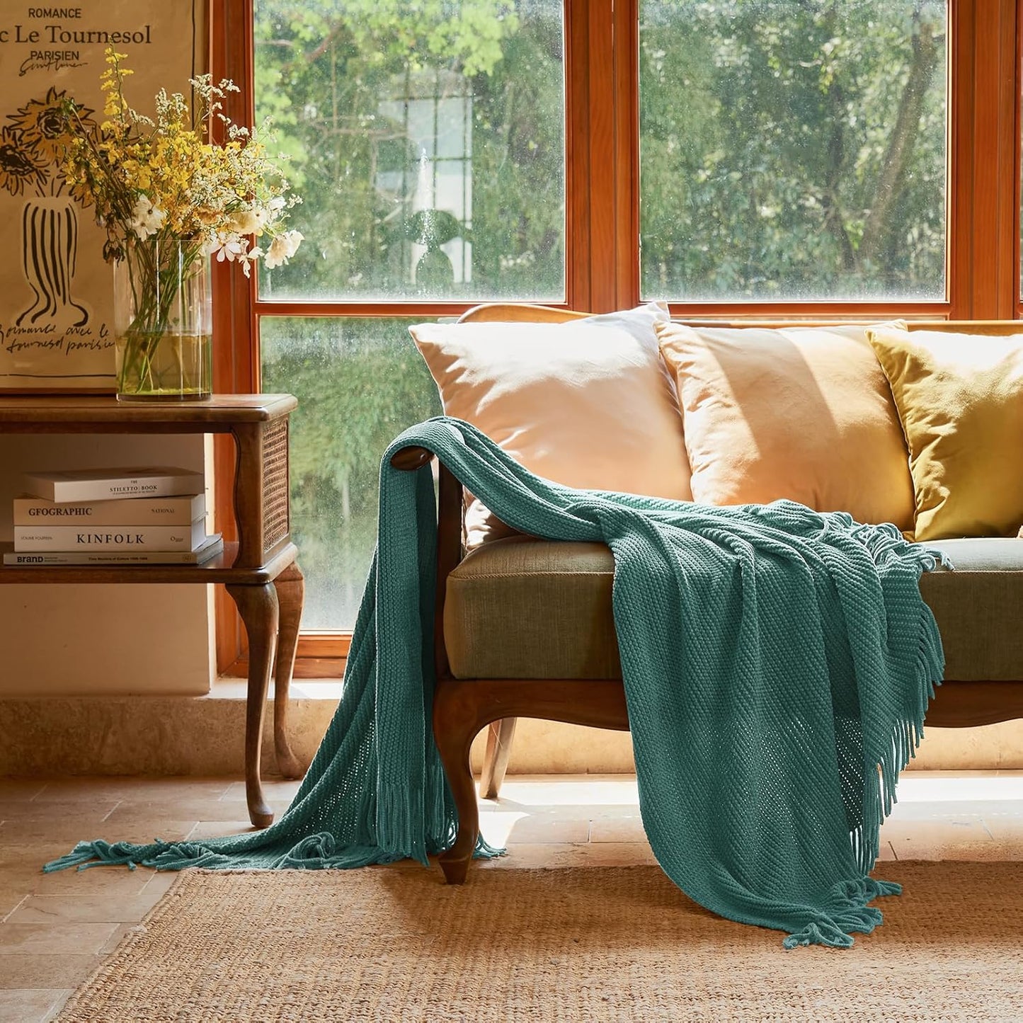 lifein Throw Blanket for Couch, Soft Boho Decor Bed Throw,Cozy Blue Chenille Knitted Small Farmhouse Lightweight Throw (Aqua,50 * 60")