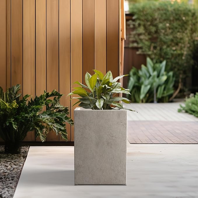 Kante 12.6" H Tall Rectangular Concrete Planters, Outdoor Indoor Lightweight Plant Pots with Drainage Hole and Rubber Plug, Modern Style for Home Garden Patio, Weathered Concrete