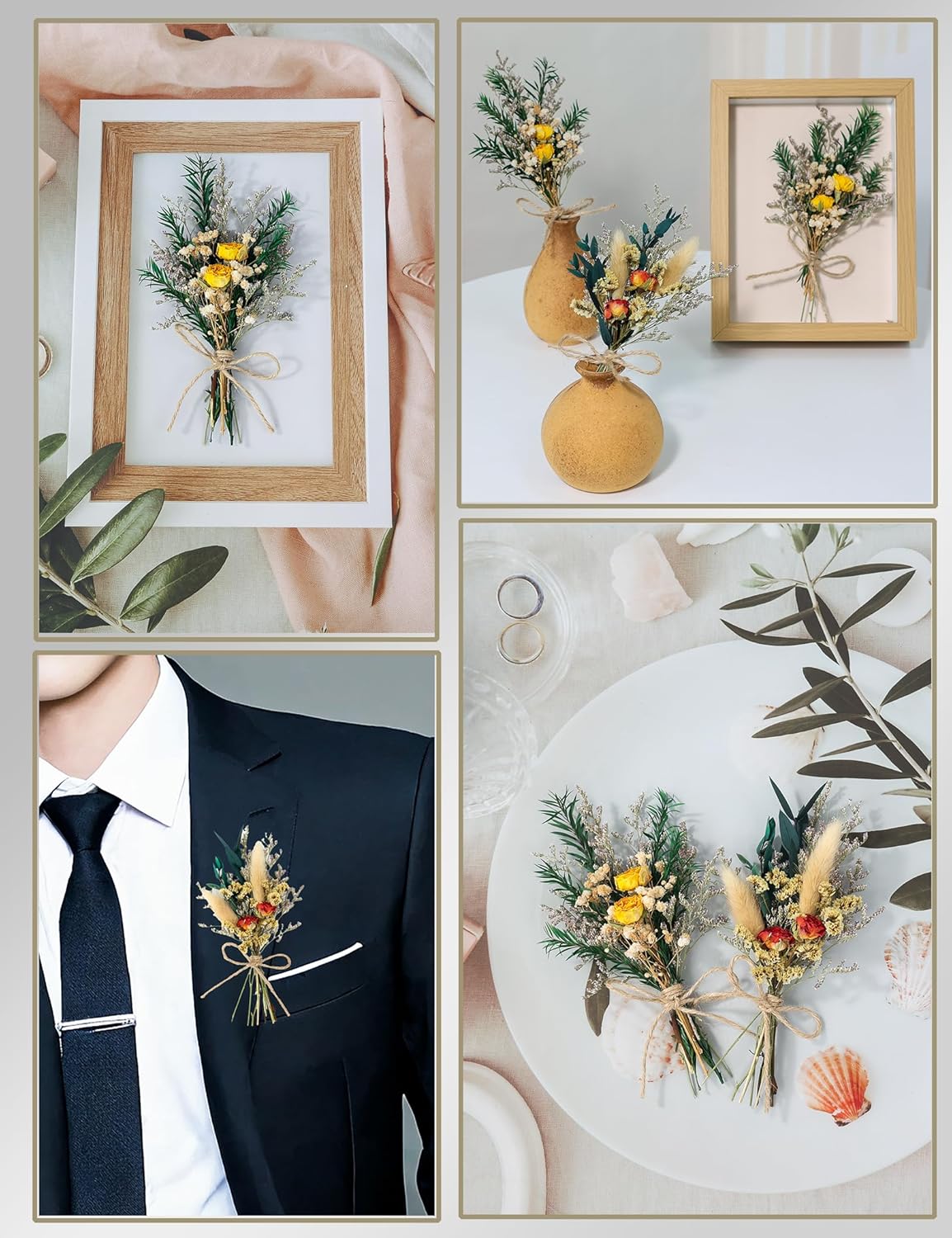 Mini Dried Rose Bouquet (6pcs), Natural Dried Flower Bouquet, Dried Pampas Grass, Groom & Best Man Corsages, Dried Cake Flowers, Gift Box Filled with Dried Flowers, Wedding Accompaniments.(Red)