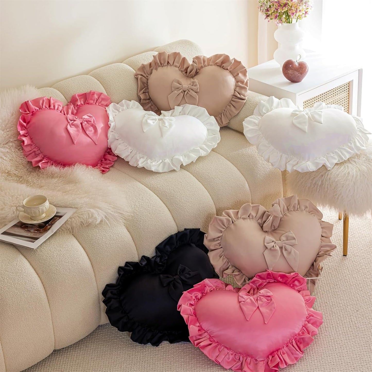 Heart Pillows, Cute Ruffled Heart Shaped Throw Pillows with Bow Soft Stuffed Love Decorative Pillow Cushion for Sofa Couch Bed Girl Room Chair Car Living Room, Light Blue