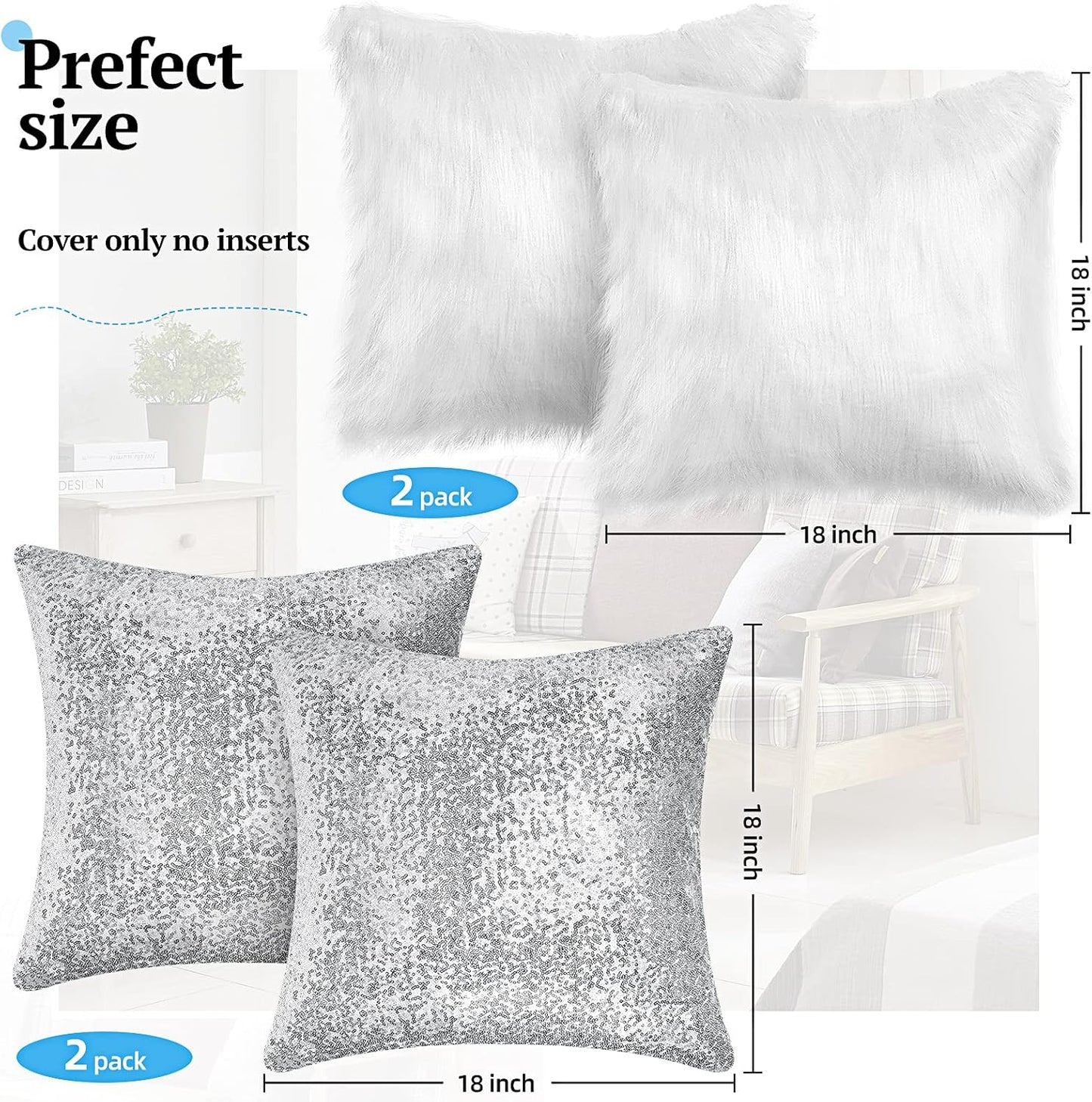 Irenare 4 Pcs Sequin and Fluffy Pillow Covers Winter Throw Pillow Cases Soft Cushion Cover for Couch Bed Sofa Xmas Day(18 x 18 Inch,White, Silver)