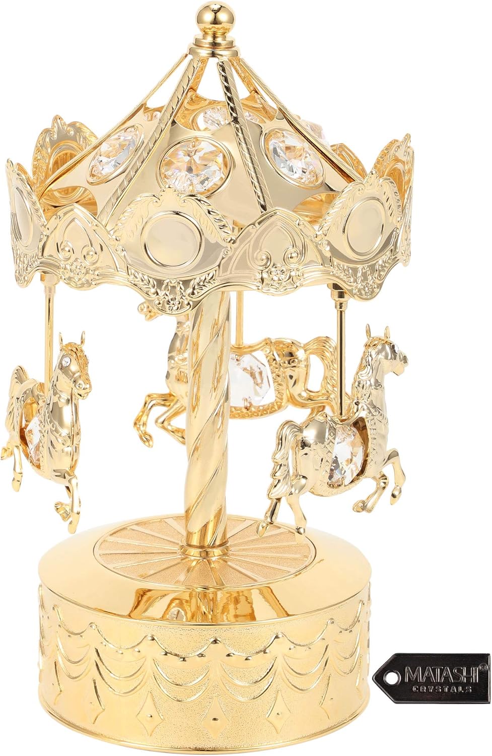 Matashi Tabletop Crystal Studded Music Box Carousel with Horses Figurine, Home Decorative Showpiece Ornament (24k Gold Plated) Gift for Birthday Mother's Day Valentine's Day Anniversary