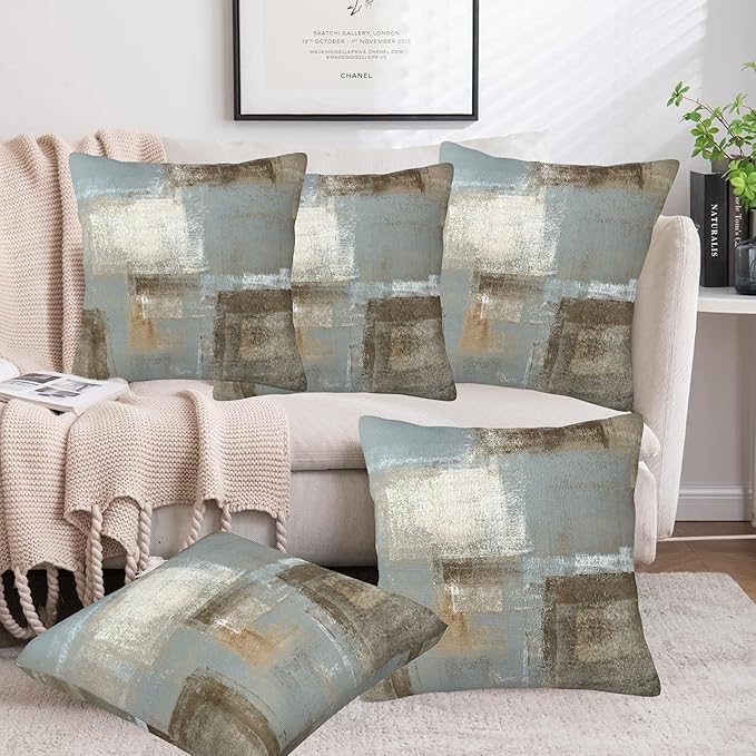 Throw Pillow Covers Grey and Beige Pillow Covers 16x16 Inch Set of 2 Abstract Art Painting Throw Pillows Decorative Pillow Cases Cushion Covers for Bedroom Livingroom Sofa Farm House