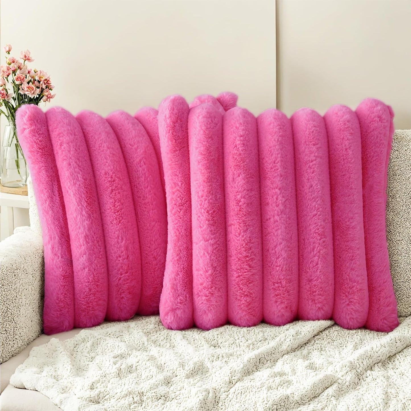 HAUSSY Faux Fur Throw Pillow Covers 18x18 Inch Set of 2,Decorative Striped Neutral Pillow Cases Soft Plush Couch Pillow Covers,Home Decor for Sofa,Bed, Living Room,Hot Pink