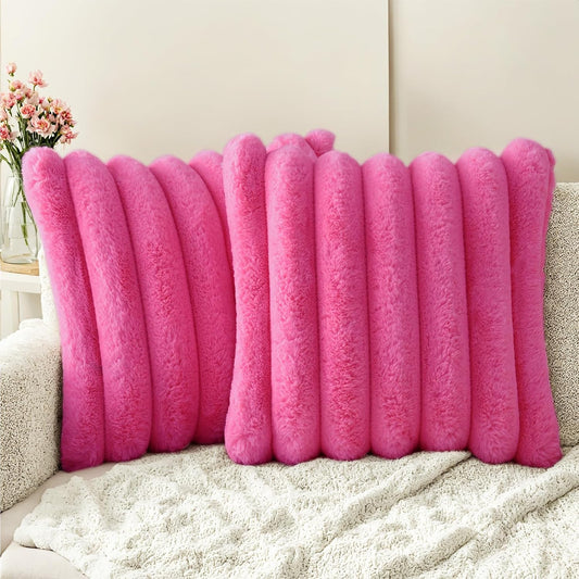 HAUSSY Faux Fur Throw Pillow Covers 20x20 Inch Set of 2,Decorative Striped Neutral Pillow Cases Soft Plush Couch Pillow Covers,Home Decor for Sofa,Bed, Living Room,Hot Pink