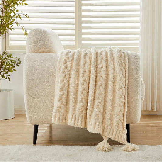 HORIMOTE HOME Chenille Chunky Knit Throw Blanket for Couch with Tassels, Soft Cozy Blanket for Sofa Chair Bed, Cream, 50"x 60"