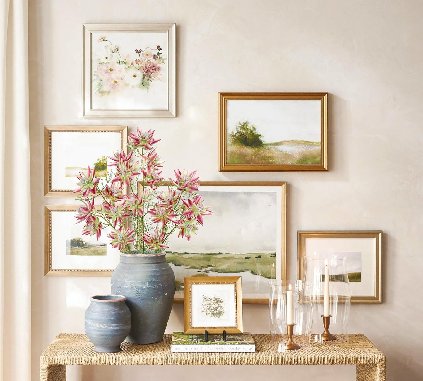 Hollyone 3Pcs Pink Artificial Flowers Silk 26.3" Fake Protea Flower with Long Stem Faux Flowers Arrangement Branch with 6 Heads for DIY Wedding Party Centerpiece Floral Bouquets Table Home Decor