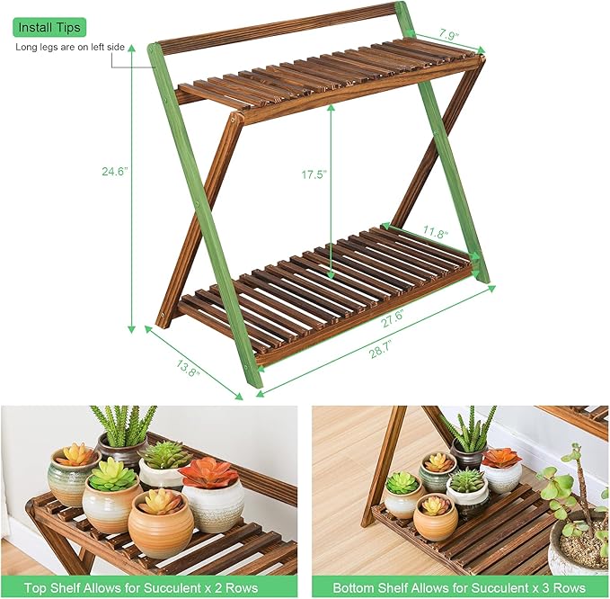 Indoor Plant Stand for Multiple Plants 2 Tier Wood Corner Plant Shelf Rack with Planter Hanger Outdoor Flower Pot Stand Holder for Yard Patio Garden Balcony Porch Living Room ( Rustic X-Cross)