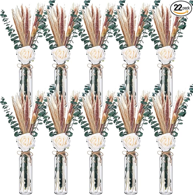 10 Set Dried Pampas Grass Centerpiece for Wedding 10 Clear Glass Jars 10 Artificial Roses 80 Dried Pampas Grass with Rope for Baby Shower Rustic Bridal Party Farmhouse Decoration (White)