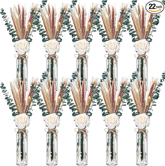 10 Set Dried Pampas Grass Centerpiece for Wedding 10 Clear Glass Jars 10 Artificial Roses 80 Dried Pampas Grass with Rope for Baby Shower Rustic Bridal Party Farmhouse Decoration (White)
