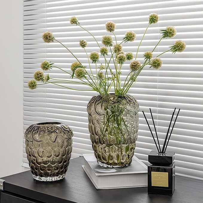 Grape Bubble Glass Vase for Flowers, Large Vintage and Clear Black Colored Smoke Glass Vases for Modern Home Decor (Crystal Grey 6.5" W X8.7 H)