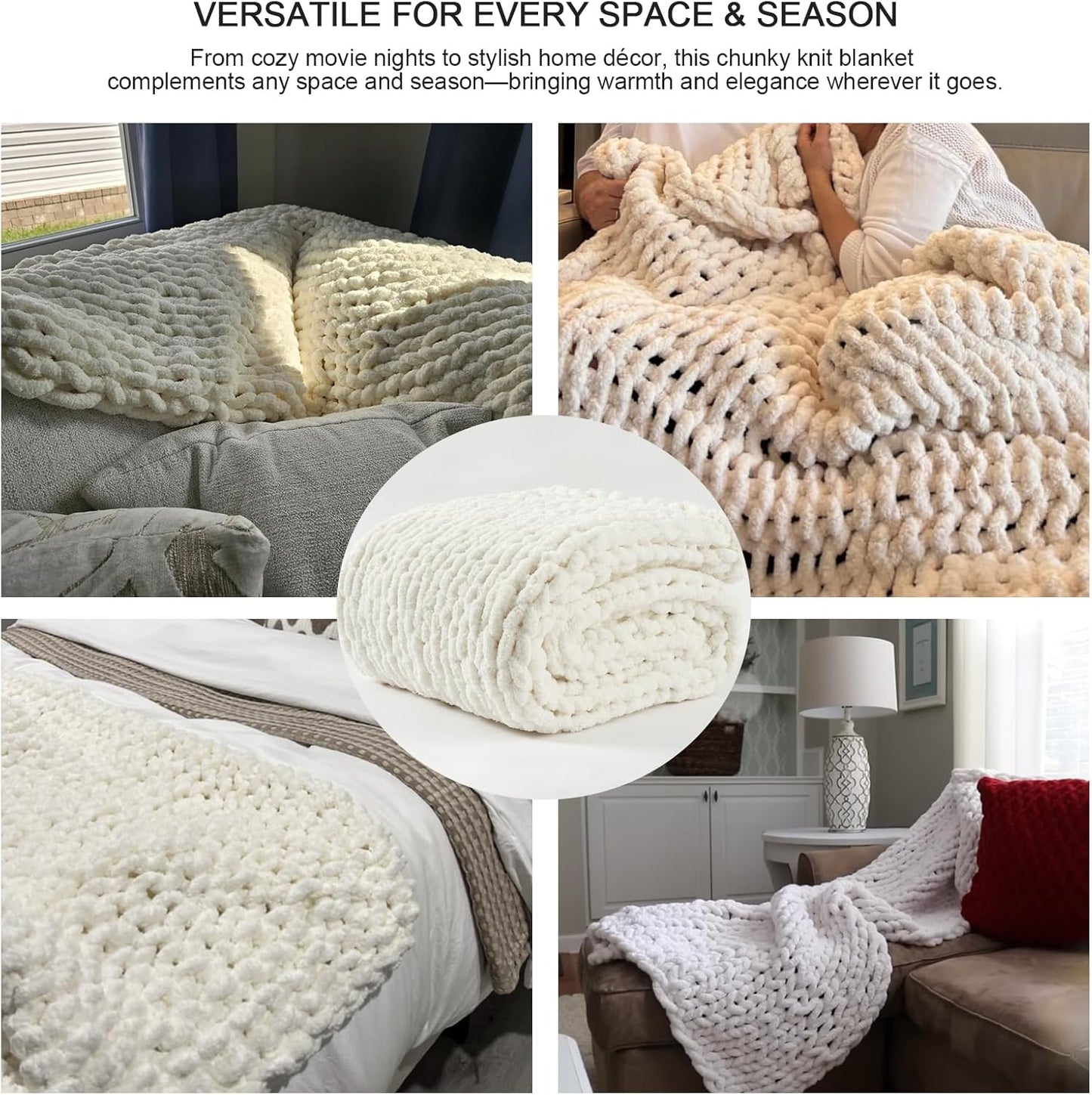 Luxury Chunky Knit Throw, Handmade Thick Cable Knit Crochet Blanket 50x60, White Soft Chenille Yarn Throw, Oeko-TEX Certified Blankets for Couch–Beds | Home Decor | Cozy Winter Gift