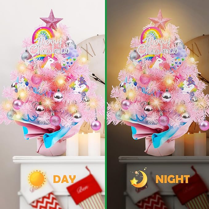 2FT Pink Mini Christmas Tree with Unicorn Theme - 24 Inch Tabletop Artificial Tree with Warm LED Lights, Star Topper, DIY Ornaments, Small Xmas Tree Holiday Decoration for Kids, Family, Home, Office