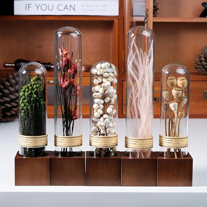 5Pcs Dried Flowers Book Shelf Decor,Boho Shelf Decor,Small Plants Decor for Office Shelves,Natural Forest Green Plants Decor with Wooden Base,Rustic Farmhouse Decor,Unique Gifts for Women,Friends