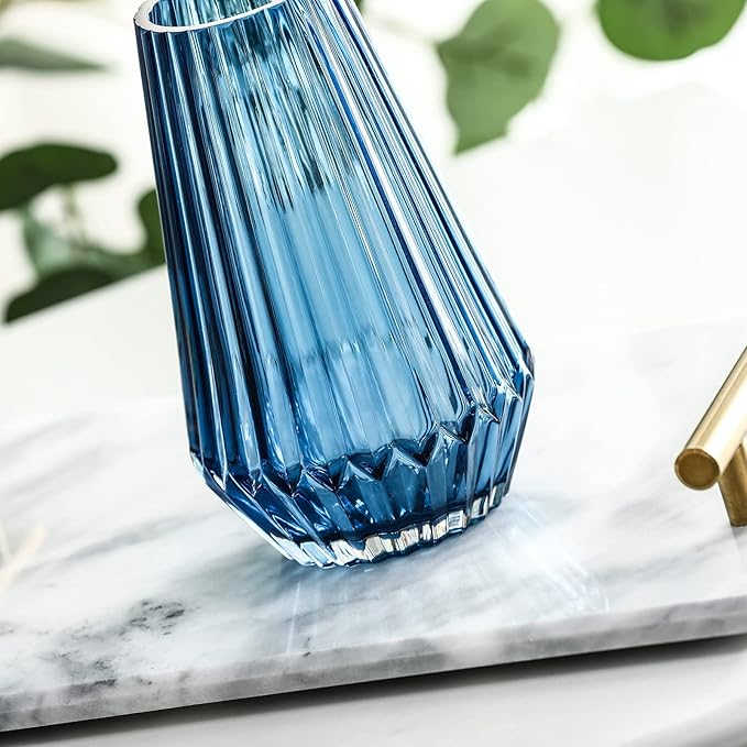 G Fusuma Blue-Rhombus Glass Flower Vase for Table Centerpiece, High-Grade Decorative Flower Vase for Bouquets,Mantel and Shelf Display, Dining Table Centerpiece, Living Room Office Decoration, 6" Tall
