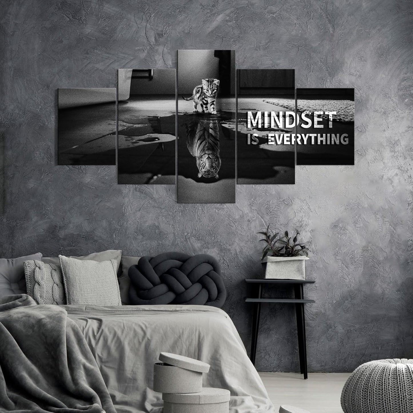 Mindset is Everything 5 Pieces Motivational Tiger Wall Art with Wooden Frame, Inspirational Quotes Poster for Office & Home Decor, Modern Motivational Wall Decor, Positive Office Art (50''W x 24''H)
