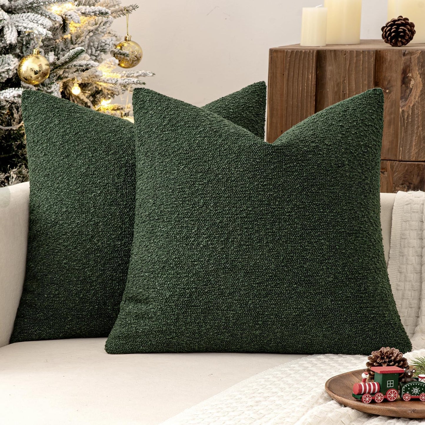 MIULEE 20x20 Inch Christmas Decorative Pillow Covers for Couch Bed Set of 2 Textured Boucle Neutral Winter Throw Pillows Dark Green Accent Solid Cushion Pillowcases Sofa Livingroom Home Decor