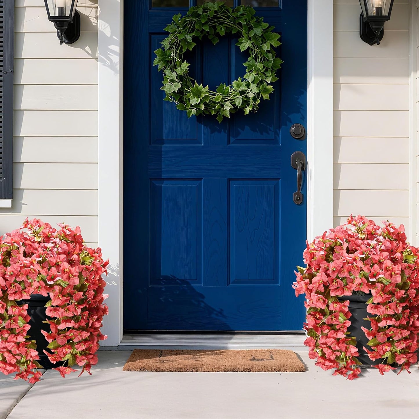 HyeFlora Bougainvillea Artificial Hanging Flowers Plants for Outdoors Winter Decoration, 2pcs Faux Bougainvillea Vines Red Fake Flowers Realistic UV Resistant Silk Flowers for Outside Planter Yard Urn