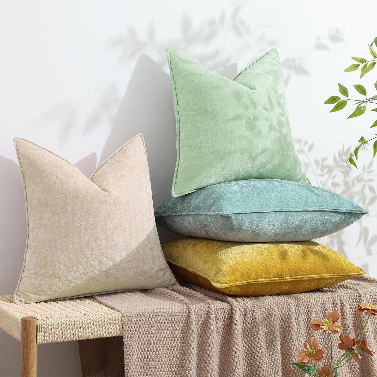 decorUhome Couch Throw Pillow Covers 18x18 Set of 2, Decorative Soft Euro Neutral Chenille Pillow Covers with Elegant Design for Sofa Bed Living Room Home Decor, Sage Green