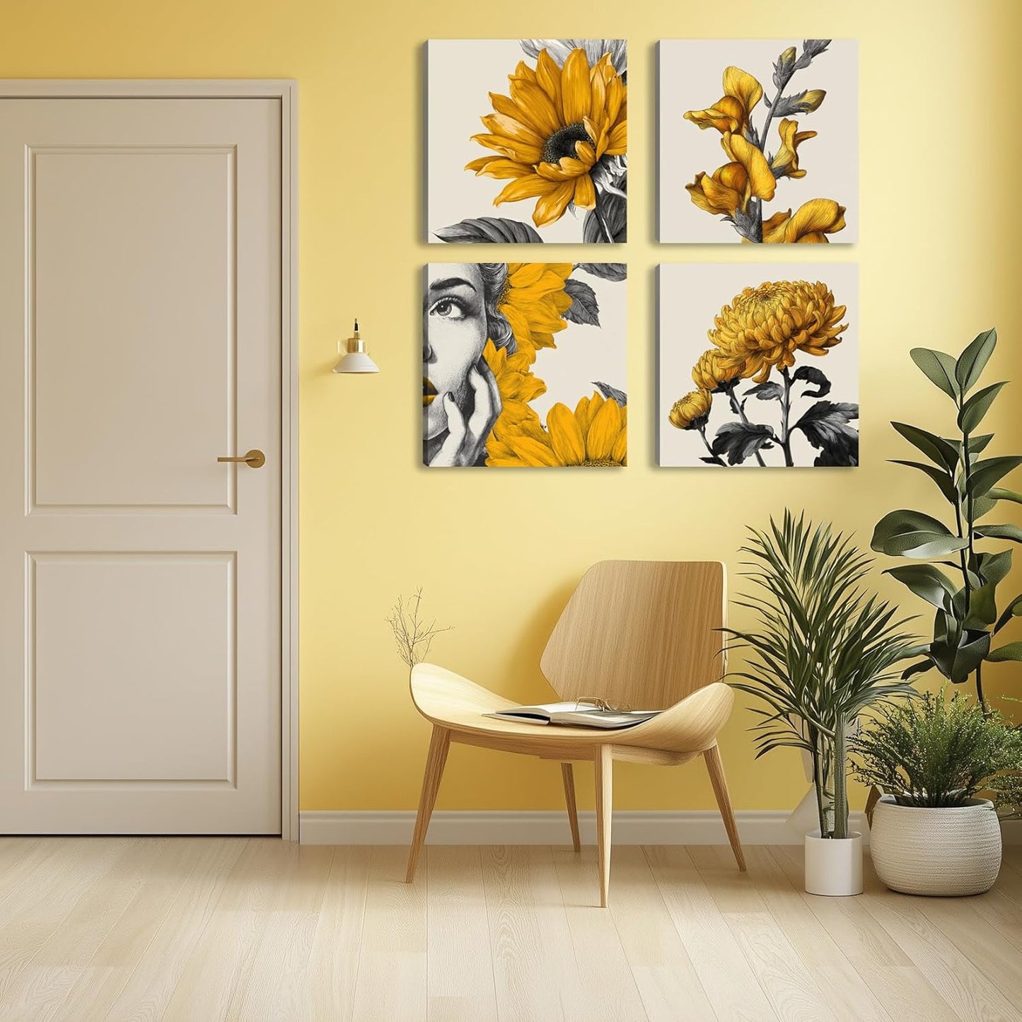Framed Botanical Wall Art for Living Room Rustic Boho Yellow Flower Canvas Paintings Minimalist Floral Prints for Bedroom Dining Room Hallway Bathroom Office Wall Decor Artwork for Wall