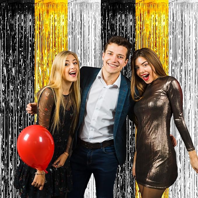 4 Pack Black Gold Silver Foil Fringe Curtain Backdrop, 3.28Ft x 9.8Ft Metallic Tinsel Foil Fringe Streamers for Photo Booth, Wedding, Notorious One Birthday Roaring 20s Graduation Party Decoration