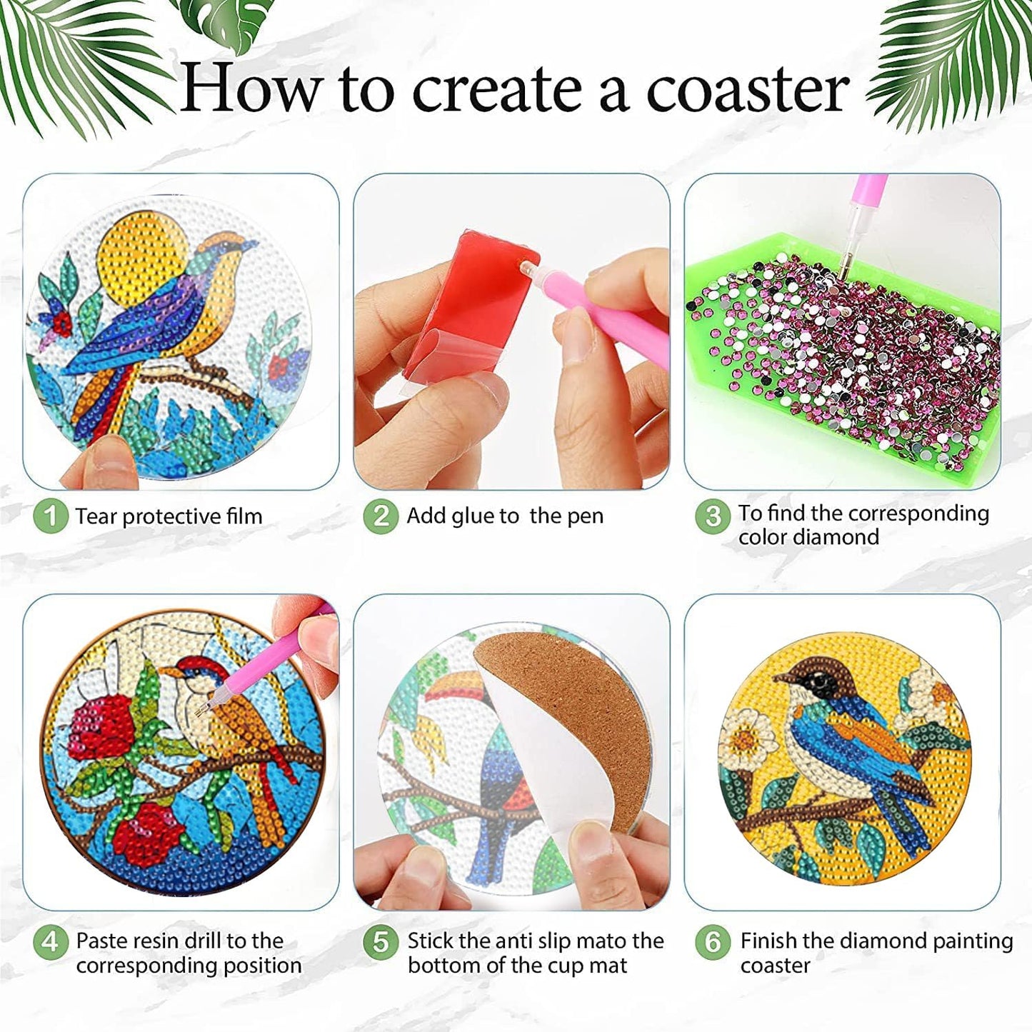 EWJRNSF 6 PCS Small Diamond Art Coasters Kits, Diamond Painting Coasters, Fall Diamond Art Kits for Adults Beginners, Arts and Crafts Item Sets with Holder for Drinks. Bird