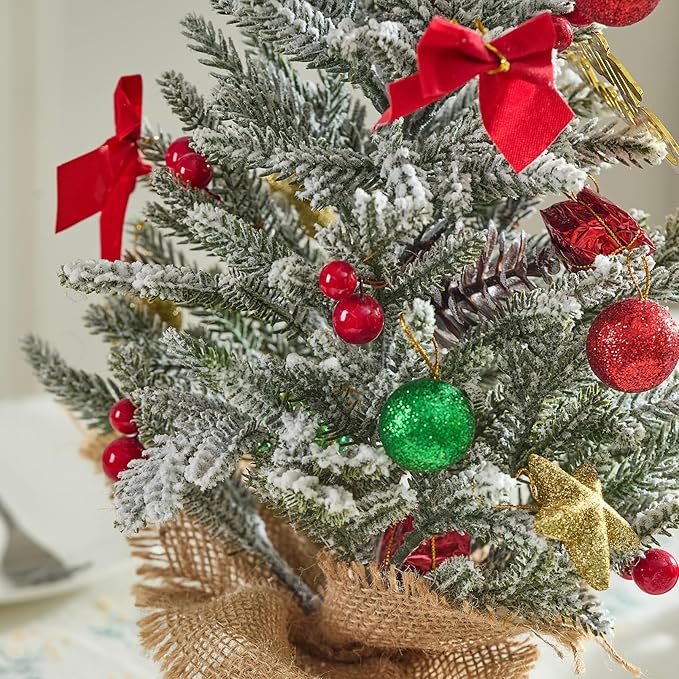 2 PCS Tabletop Christmas Tree, Small Flocked Xmas Tree Mini Artificial Pine Tree with Burlap Base for Desk Table Fireplace Mantel Decor 18 Inches