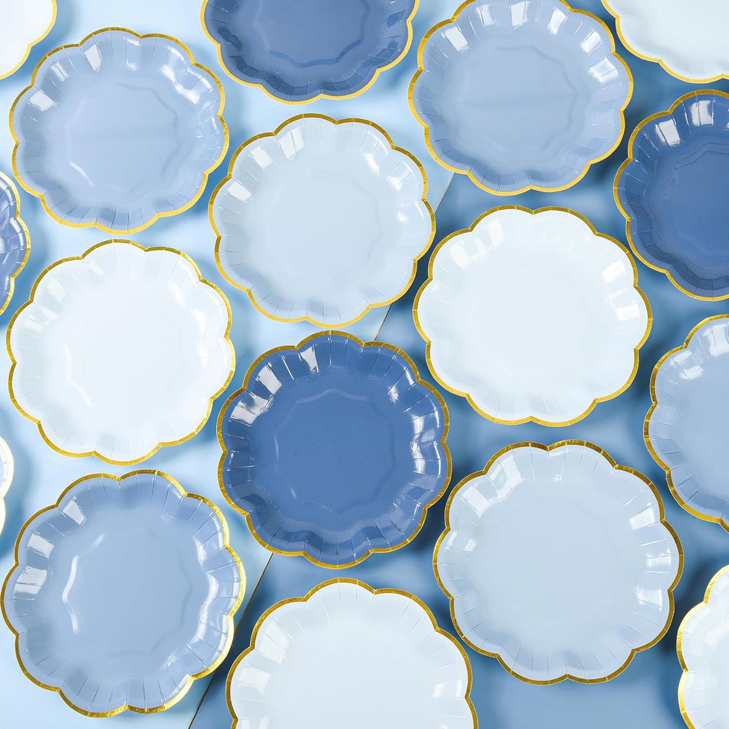 Dusty Blue Party Plates Gradient Blue Dessert Paper Plate 7inch Gold Foil Scalloped Edge Disposable Cake Plates for Father’s Day Birthday Bridal Baby Shower Wedding Party Supplies