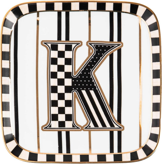 MACKENZIE-CHILDS Monogram Dish, Decorative Ceramic Letter Plate, 5 3/4" Square, K