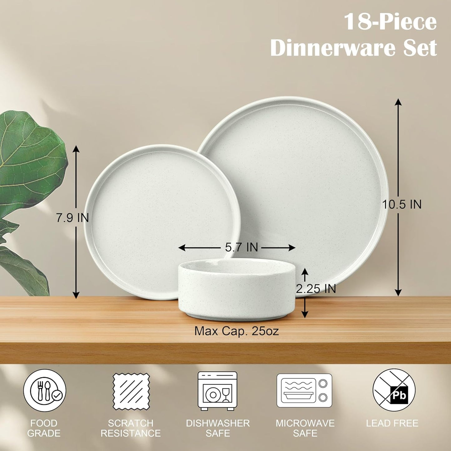 E-far Dinnerware Sets for 6, 18-Piece Stoneware Plates and Bowls Set, Modern Kitchen Dinning Dishware, Chip and Scratch Resistant, Microwave & Dishwasher Safe, Speckled White