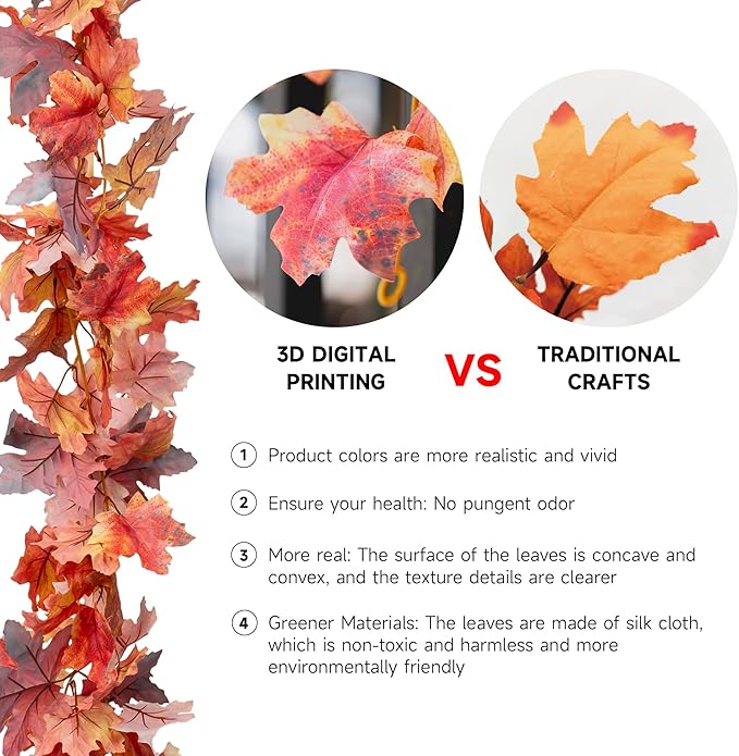 1 Pack 3D Artificial Fall Maple Leaf Garland - 5.7ft Hanging Vine for Mantle, Thanksgiving Decorations for Home, Fireplace, Party, Outdoor, Front Porch Decor