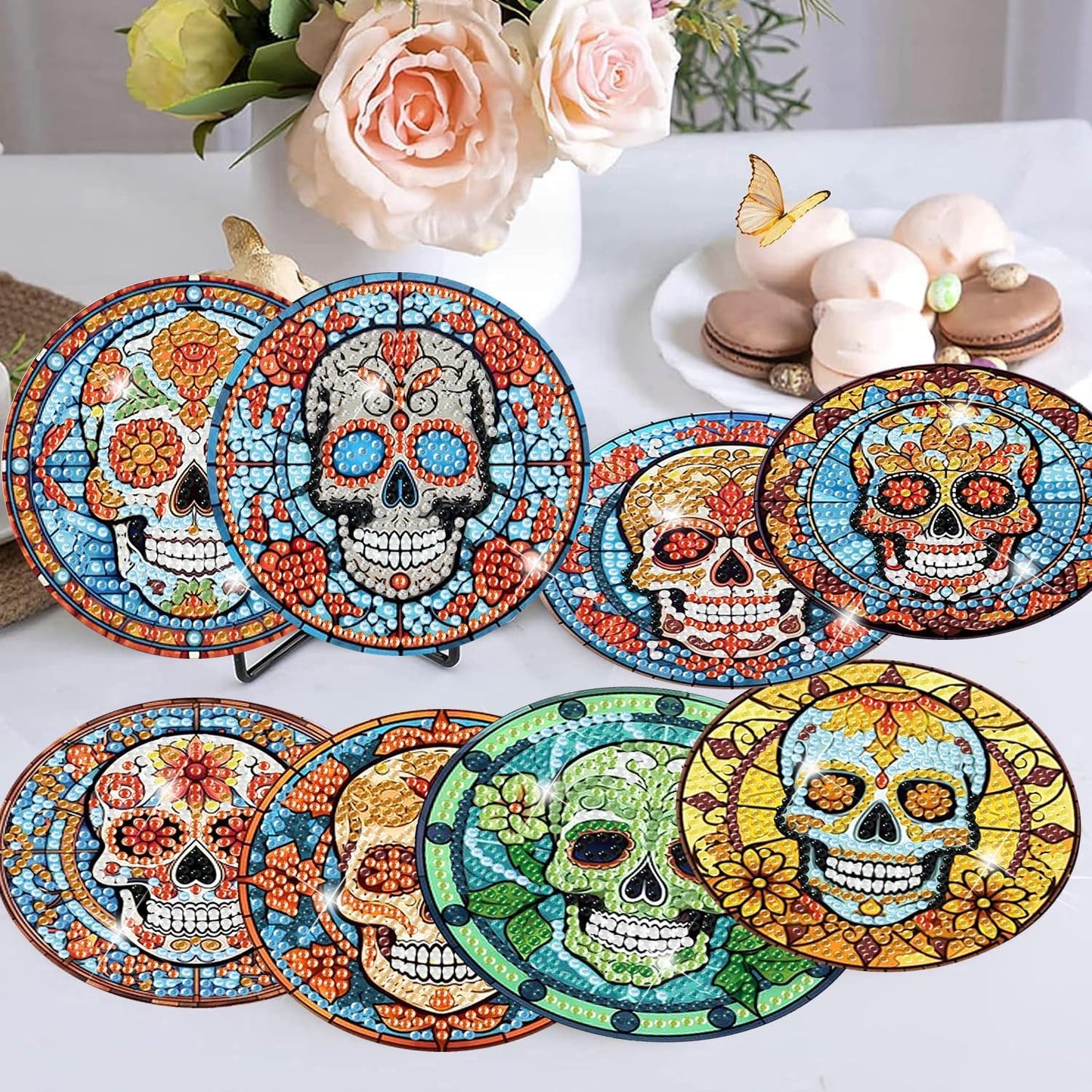 Meothan 8 Pcs Diamond Art Coasters Kits for Adults with Holder Cork Pads, Skull Diamond Dots Art Painting Coasters Crafts Kit for Home Office Decor (Stained Glass Style)