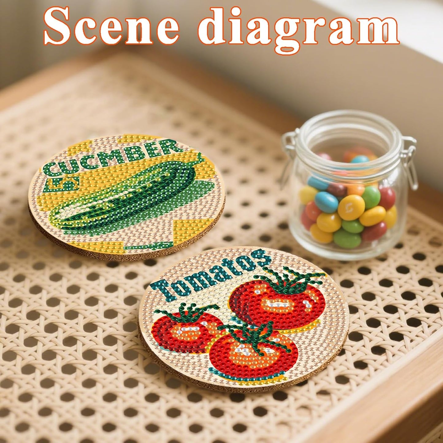 DOTSOPS 6Pack Diamond Painting Coaster with Holder 5D Diamond Art Kits for Adults Round Full Drill Beginners Gem Dots Craft Arts Supplies Party Home Decor Vegetable