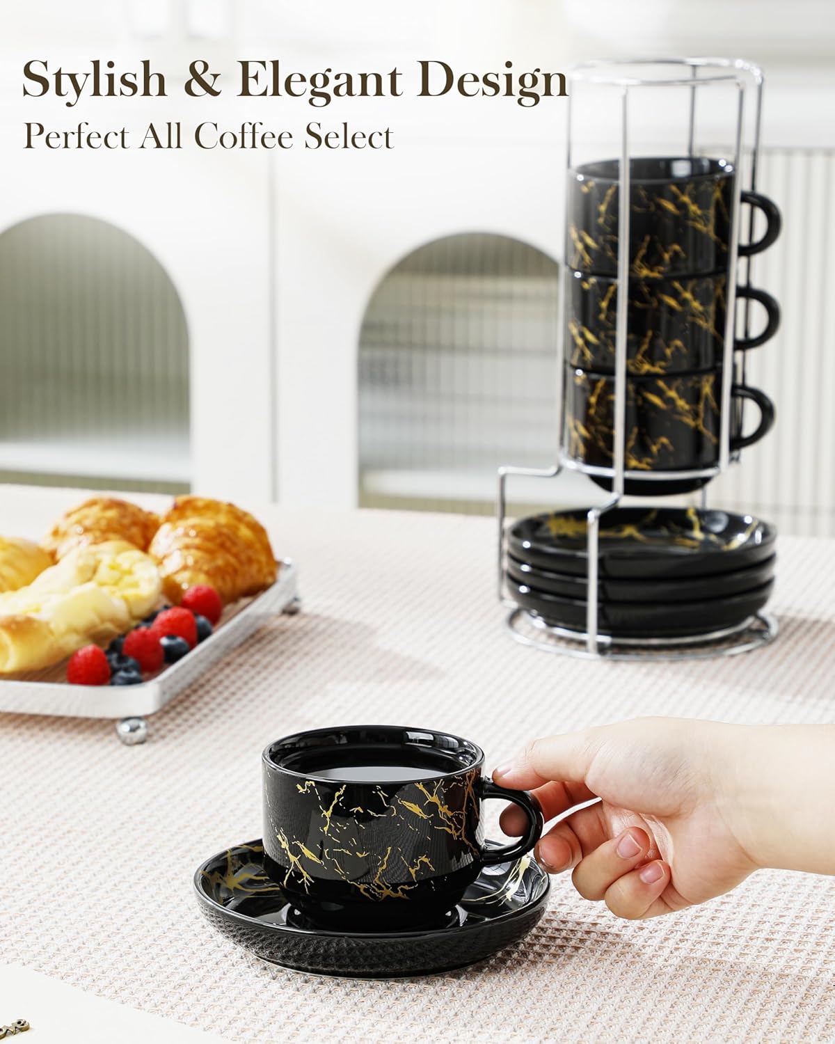 MALACASA 8 OZ Porcelain Espresso Cups with Saucers and Metal Stand Set of 4, Stackable Cappuccino Cups, Marble Black Expresso Shots Cup Set for Coffee Drinks, Latte, Tea